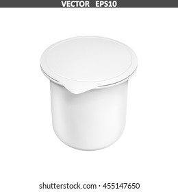Realistic white mock up blank plastic container for yogurt. Illustration isolated on white background. Graphic concept for your design