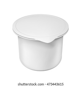 Realistisches weißes Muster leerer Plastikbehälter für Jogurt. Illustration einzeln auf weißem Hintergrund. Grafisches Konzept für Ihr Design