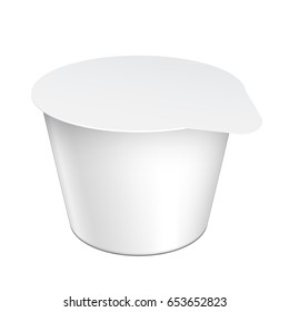 Realistic White Mock up blank plastic container for yogurt, jams and other products.