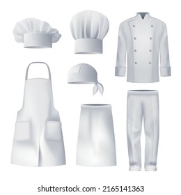 Realistic White Mockup Of Culinary Workwear Clothing Elements Including Headdress Apron Jacket Trousers Isolated Vector Illustration