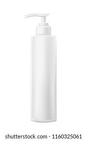 Realistic white mock-up of plastic bottle with dispenser for design, shampoo, gel, soap. Vector illustration.