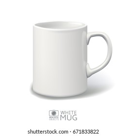 Realistic white mug isolated on the white background. Mock up design template. Vector illustration.