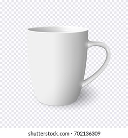 Realistic white mug isolated on transparent background. Vector template for Mock Up. Vector illustration