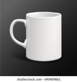 Realistic white mug on dark background. Mock up design template. Vector illustration.