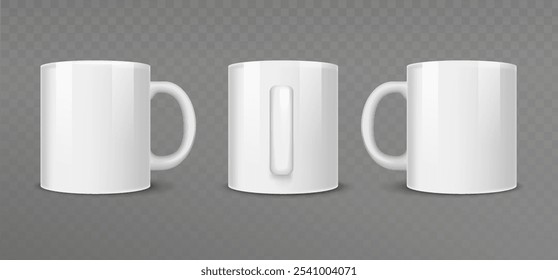 Realistic white mugs set. Cup for tea or coffee. Kitchen ceramics dishware for hot drinks. Teacup porcelain. Espresso and cappuccino. 3D vector collection isolated on transparent background