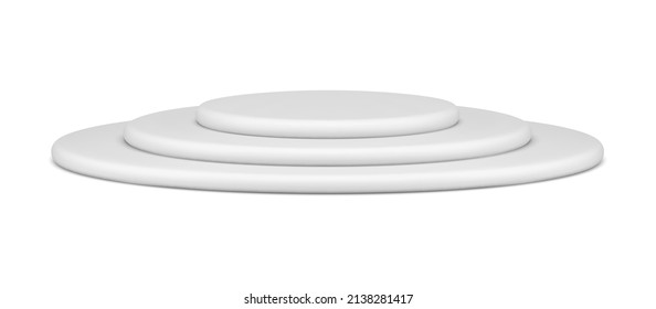 Realistic white multilevel circle podium for exhibition stage show 3d template vector illustration. Three dimensional pedestal rounded minimalist platform section for presentation isometric template