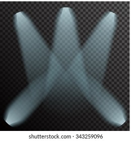 Realistic white neon glowing spotlights on transparent laid background. Theater studio, scene illumination. Magic, bright, gradient light effects. Vector illustration for your design and business.