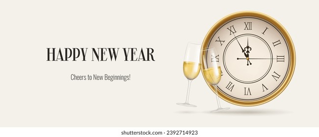 Realistic white New Year banner, featuring a clock and champagne. Gold and Christmas themed decorations. Suitable for invitations, greetings, and event promotions. Not AI generated.