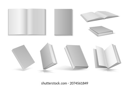 Libros blancos reales abiertos y cerrados con una burla de cubierta vacía. Portátil 3d con plantilla de vista superior de tapa dura. Juego de vectores de libro en blanco flotante. Colección de diarios, manuales u objetos de diario