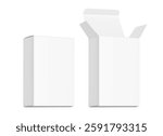 Realistic white open and closed paperboard box mockup. Half side view. Vector illustration isolated on white background. Taking your 2D designs into 3D. Can be use for medicine, food, cosmetic. EPS10.