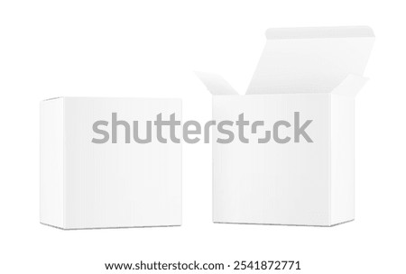Realistic white open and closed paperboard box mockup. Vector illustration isolated on white background. Taking your 2D designs into 3D. Can be use for medicine, food, cosmetic and other. EPS10.