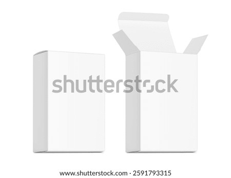 Realistic white open and closed paperboard box mockup. Half side view. Vector illustration isolated on white background. Taking your 2D designs into 3D. Can be use for medicine, food, cosmetic. EPS10.