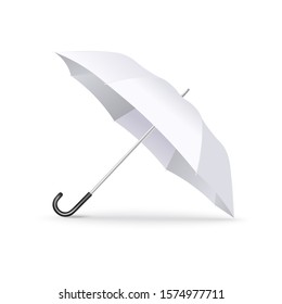 Realistic white open umbrella lying on the floor - modern weather accessory with metal handle with curved black end, isolated vector illustration on white background.