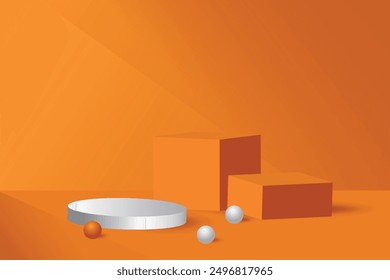 Realistisches weißes, orangefarbenes 3D-Würfel- und Zylinderpodest mit natürlichem hellen Hintergrund. Minimale Wandszene für Produkte Bühnenshow, Promotion-Display. Gruppendesign für geometrische Vektorformen.
