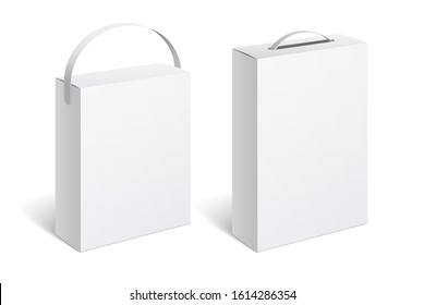 Realistic White Package Box with handle. For Software, electronic device and other products. Vector illustration.