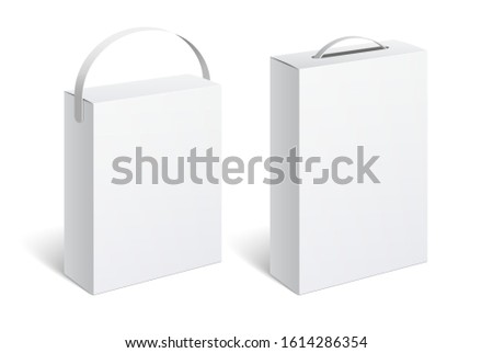 Realistic White Package Box with handle. For Software, electronic device and other products. Vector illustration.