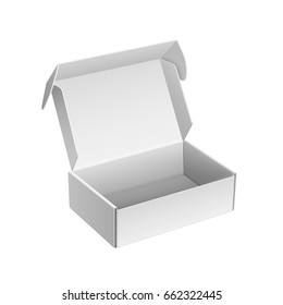 Realistisches White Package geöffnet. Für Software, elektronische Geräte und andere Produkte. Vektorgrafik