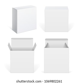 Realistic White Package Cardboard Box set. For Software, electronic device and other products. Vector illustration