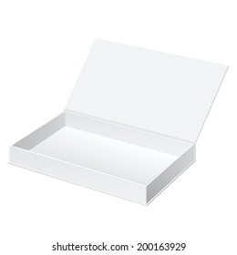 Realistisch weiße Verpackung Faltschachtel geöffnet. Für Geschenke, Schmuck, elektronische Geräte und andere Dinge. Vektorgrafik. Auf separaten Ebenen: Kiste und Etikett