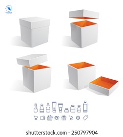 Realistic white Package Cardboard Box Opened. For Software, electronic device and other products. Vector set icons of sale and package. Vector illustration
