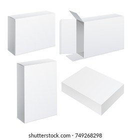 Realistic White Package Cardboard Box set. For Software, electronic device and other products. Vector illustration