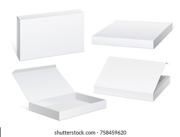 Realistic White Package Cardboard Box set. For Software, electronic device and other products. Vector illustration