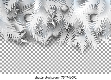 Realistic white paper art cut out pine, fir, spruce Christmas tree branches decorated balls and stars on on transparent. Vintage horizontal banner. Vector illustartion