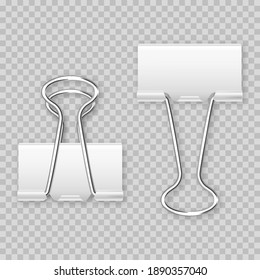Realistic white paper binder isolated on transparent background. Paper clip, holder. Design mockup. Vector illustration.