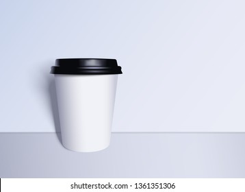 Realistic white paper coffee Cup with falling shadow standing next to the wall. Vector illustration 3D layout, template.