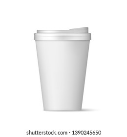 Realistic white paper coffee cup with lid front view. Coffee to go blank. Vector illustration isolated on white background