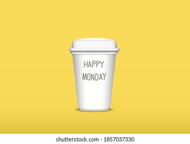 Realistic of white paper coffee cup with happy Monday text isolated on yellow background. mock up with copy space. Business hour. Office time. vector illustration