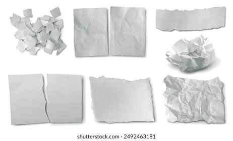 Realistic white paper. Crumpled and cut papers. Isolated blank notebook page with torn edges. Isolated ripped sheet, office waste pithy vector set