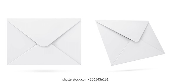 Realistic white paper envelope from different angles. Clean postal stationery mockup with folds, smooth surface texture and shadows. Empty template for branding identity design or mail presentation.