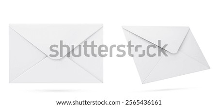 Realistic white paper envelope from different angles. Clean postal stationery mockup with folds, smooth surface texture and shadows. Empty template for branding identity design or mail presentation.