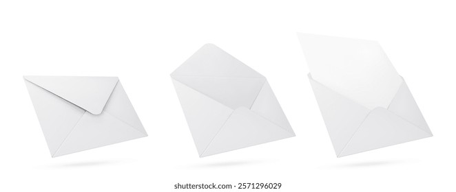 Realistic white paper envelope floating in different positions - closed, open empty and with blank card inside. Postal stationery with classic folded design. Mail and correspondence branding mockup.