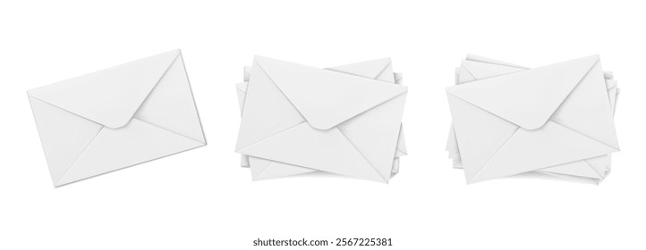 Realistic white paper envelope stack collection - single mail, orderly grouped correspondence, messy piled letters. Clean blank postal stationery set with shadow for mockup design presentation.