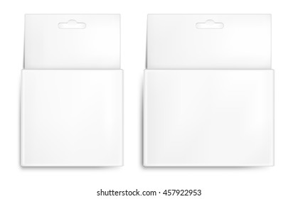 Realistic white paper packaging box with hanging hole. Isolated on white background.