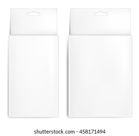 Realistic white paper packaging box with hanging hole. Isolated on white background.