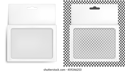 Realistic White Paper Packaging Box With Hanging Hole. Isolated On White Background.