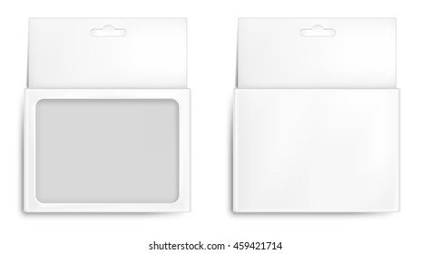 Realistic white paper packaging box with hanging hole. Isolated on white background.