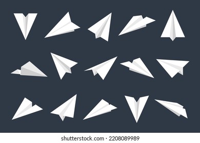 Realistic white paper planes collection. Handmade origami aircraft in flat style. Paper toy for a child. Business concept element, project startup and goal achievement. Vector illustration