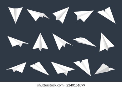 Realistic white paper planes collection. Handmade origami aircraft in flat style. Paper toy for a child. Business concept element, project startup and goal achievement. Vector illustration