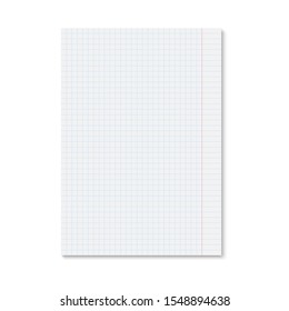 Realistic white paper sheet blue squared. Vector template of single copybook sheet with shadow on white background. 