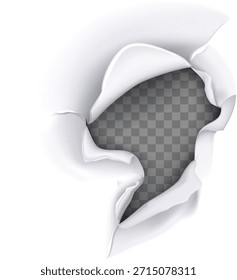 Realistic white paper sheet torn open revealing a transparent background with a jagged hole effect