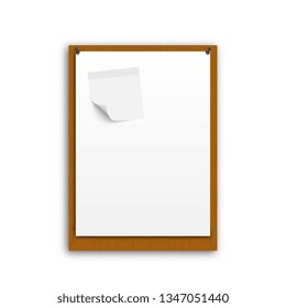 Realistic white paper sticker. Sheet background, paper poster, blank mockup, poster page, white note on wooden plank. Vector illustration.