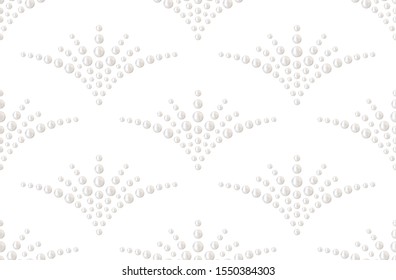 Realistic white pearl seamless pattern. Floral print of jewel. Mosaic dotted shape of palm branch. Vector illustration.