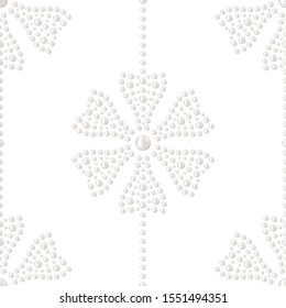 Realistic white pearl seamless pattern. Carnation flower in garlands. Floral print of jewel. Mosaic dotted floral shape of cornflower. Vector illustration.