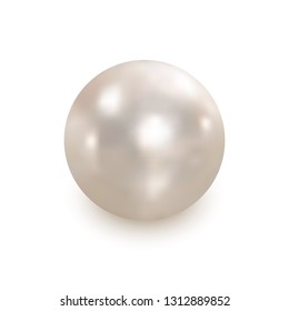 Realistic white pearl with shadow isolated on white background. Shiny oyster pearl for luxury accessories. Sphere shiny sea pearl. Beautiful natural white pearl. Shiny 3D jewel with light effects