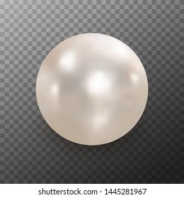 Realistic white pearl with shadow isolated on background. Shiny oyster pearl for luxury accessories. Sphere shiny sea pearl. Beautiful natural white pearl. Shiny 3D jewel with light effects