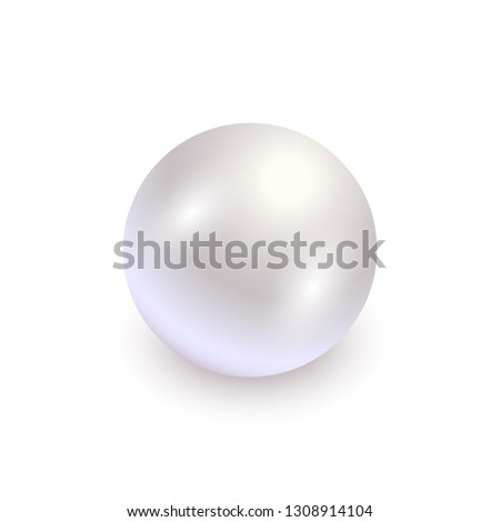 Realistic white pearl with shadow isolated on white background. Shiny oyster pearl for luxury accessories. Sphere shiny sea pearl. Beautiful natural white pearl. Shiny 3D jewel with light effects